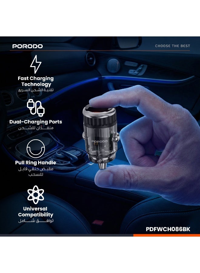porodo Dual Port Transparent Car Charger with Pull Ring Handle/ PD 36W/ QC 18W/ USB-A & USB-C Ports/Fast Charging/ Sleek & compact Flush-Fit Design/Universal Compatibility - Black - Image 2